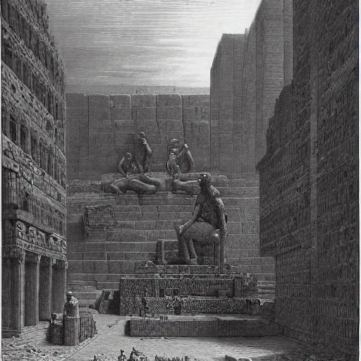 Prompt: new york city being rebuilt as mesopotamian architecture. gustave dore, huge basalt statue, italy 1 8 1 6