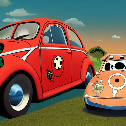 Image similar to a hybrid giant lady bug and'herbie the love bug'car, digital art, imax, 7 0 mm, movie still