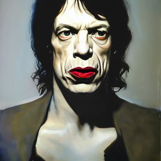 Prompt: Portrait of Mick Jagger by Gottfried Helnwein and Phil Hale