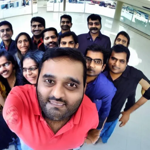 Image similar to selfie taken by an Indian man with his other Indian employees at an office building, wide angle photo