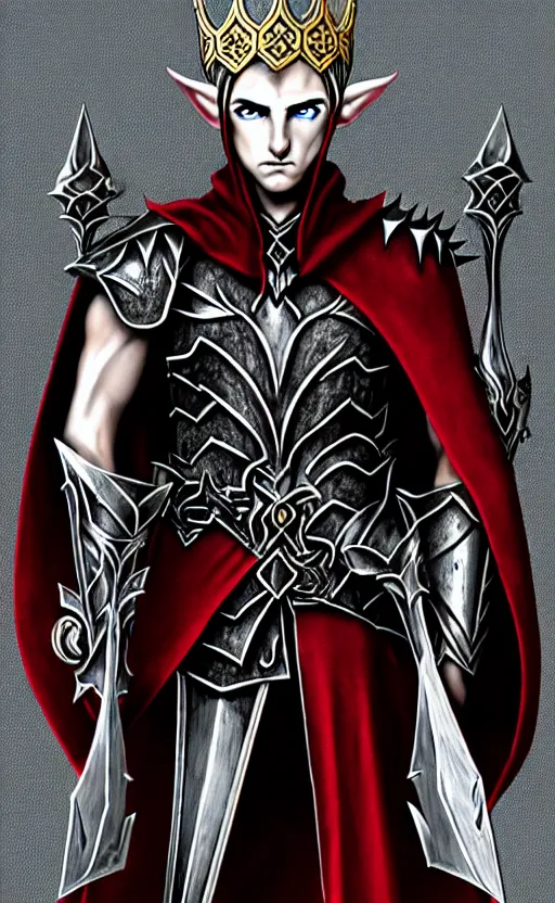 Prompt: A male elf, 20 years old, short silver hair, red eyes, spiked black metal crown with three round designs on the front side, black heavy armor with gold trim, red cape, lean but muscular, attractive, command presence, royalty, weathered face, smooth, sharp focus, illustration, concept art, highly detailed, muscle definition, fantasy paitning, ArtStation, ArtStation HQ