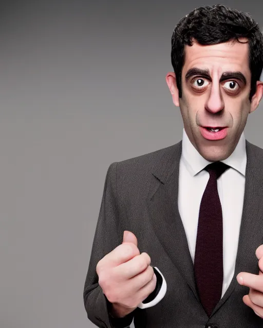 Image similar to bj novak with a suit as a muppet. highly detailed felt. hyper real photo. 4 k.