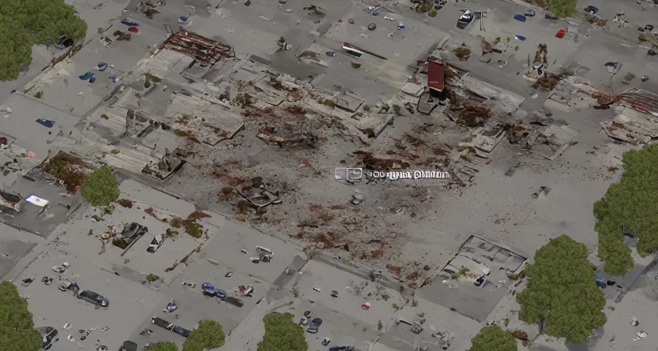 Prompt: top down aerial view of dilapidated zombie - apocalypse gas - station with supermarket and restaurants in real life, desolate with zombies, dilapidated, zombies in the streets, nightmarish, some rusted style parked vehicles, sunny weather, few clouds, volumetric lighting, photorealistic, daytime, autumn, sharp focus, ultra detailed, cgsociety