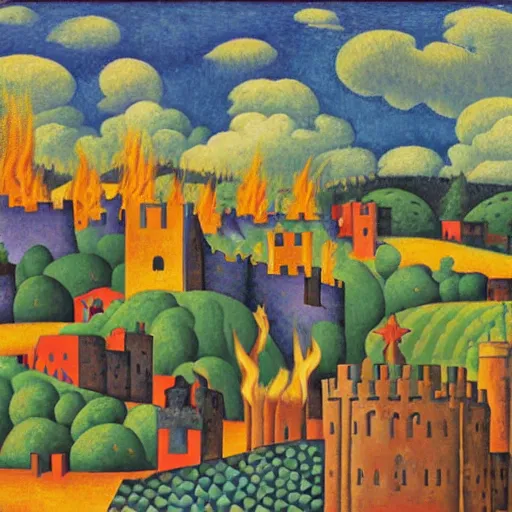 Image similar to medieval monks dancing around bonfire, knights and king at the top of the castle, farmers working in the field, large field of view landscape, fire fills the sky, Artwork by Jean Metzinger