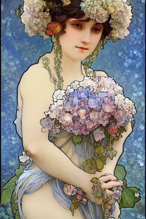 Image similar to blue hair goddess of light in hydrangeas flowers and rose, alphonse mucha and jean - baptiste monge style, painterly, highly detailed, 8 k