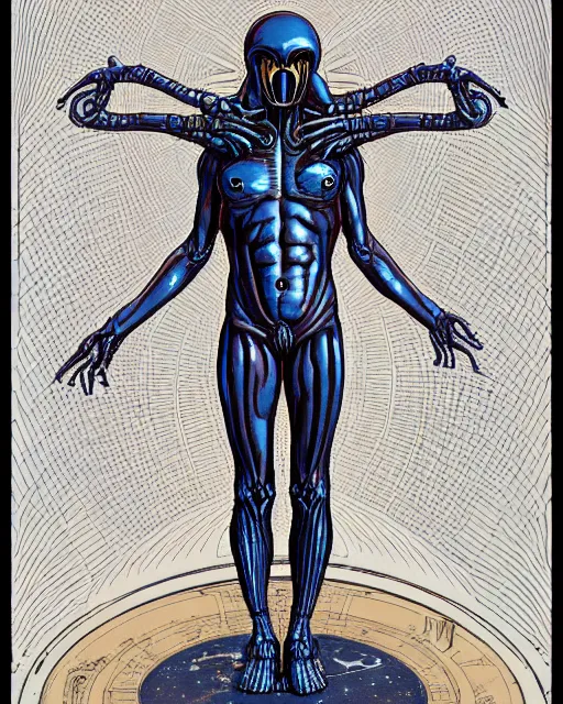 Image similar to space xenomorph as vitruvian man by james jean and moebius, ultra wide angle, full body, no crop, golden ratio, hyper details