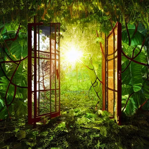 Prompt: sunrise in a tropical jungle, lighting a door that is overgrown with vines, leaves on the ground, small window with a light inside, sun rays, beautiful steel wall covered in geometric artwork, extreme detail, 8k