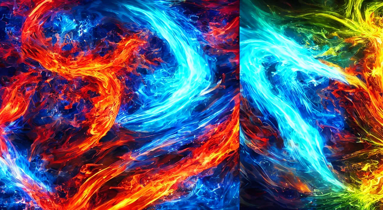 Prompt: Epic wallpaper split in half, the left is a ninja casting fire elements, the right is a ninja casting water elements, vivid colors, award winning, digital art, incredible quality, 4k, by Greg Ludkowksi