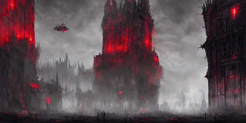 Image similar to grimdark chaos fortress, ruined, terrifying architecture, looming, dark, fog, atmospheric red lighting, flying chaos creatures, dark souls, hyperrealistic, art by sparth