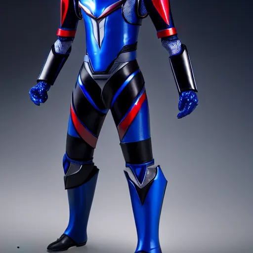 Image similar to Hard Science Fiction Kamen Rider, dark blue armor with red secondary color glowing eyes, daytime, grey rubber undersuit