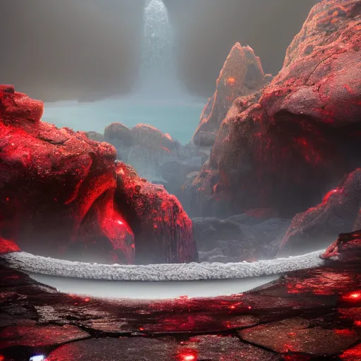 Image similar to landscape of a large Infiniti pool sitting in hell. intricate artwork by artstation. halo. octane render, cinematic, hyper realism, octane render, 8k, bokeh, demonic, dark, devil, demons, mist, red illuminating fog, rocks, hell. scheme.