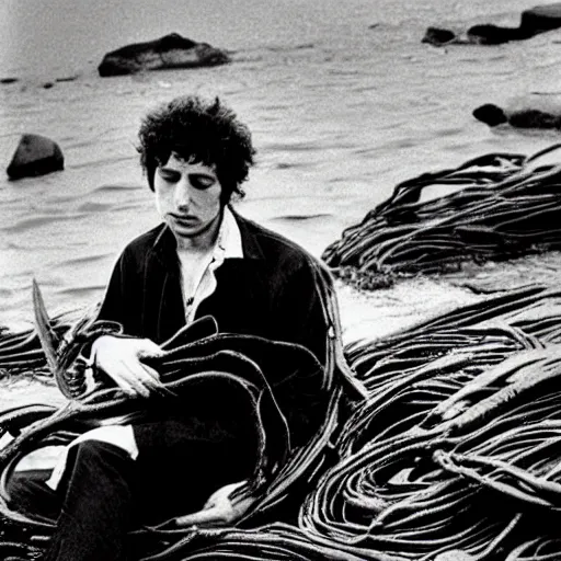 Prompt: bob dylan cradling kelp like a baby, photograph, 1 9 6 5