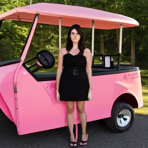 Image similar to april ludgate standing in front of a pink golf cart