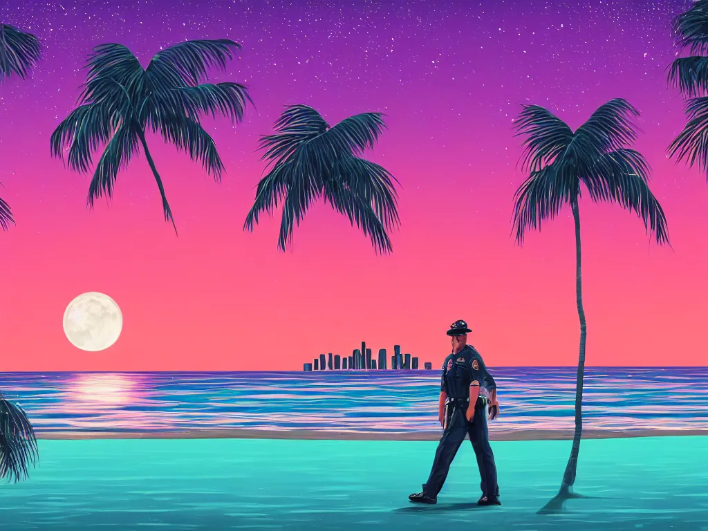 Image similar to cop on a summer night miami beach, city on the background, palm trees, footprints in the sand, full moon reflected in the calm ocean, starry sky, 8 k, ultra detailed, trending on artstation, digital painting, synthwave and retrowave style, pink color scheme