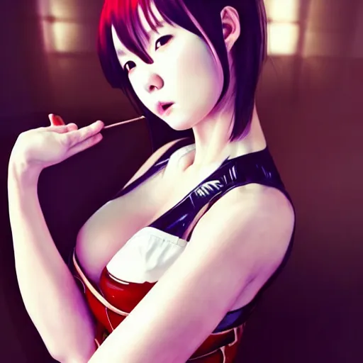 Image similar to a beautiful young japanese hitomi tanaka alluring instagram model in elaborate latex tank top, jrpg tank top made from latex demon faces, by guweiz and wlop and ilya kuvshinov and artgerm and, aesthetic, gorgeous, stunning, alluring, attractive, artstation, deviantart, pinterest, digital art