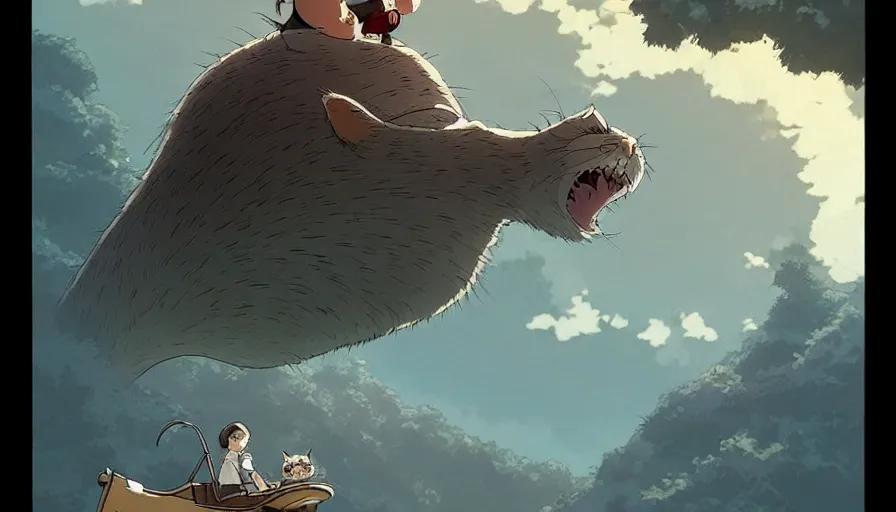 Image similar to the last fat catrider, comedy, graphic art, rgba, 8 k hd resolution, pinterest, dynamic character, 8 k character details, concept art, 8 k ultra realistic, intricate details, ultra detailed, reduce character duplication, in style of hayao miyazaki, by studio ghibli