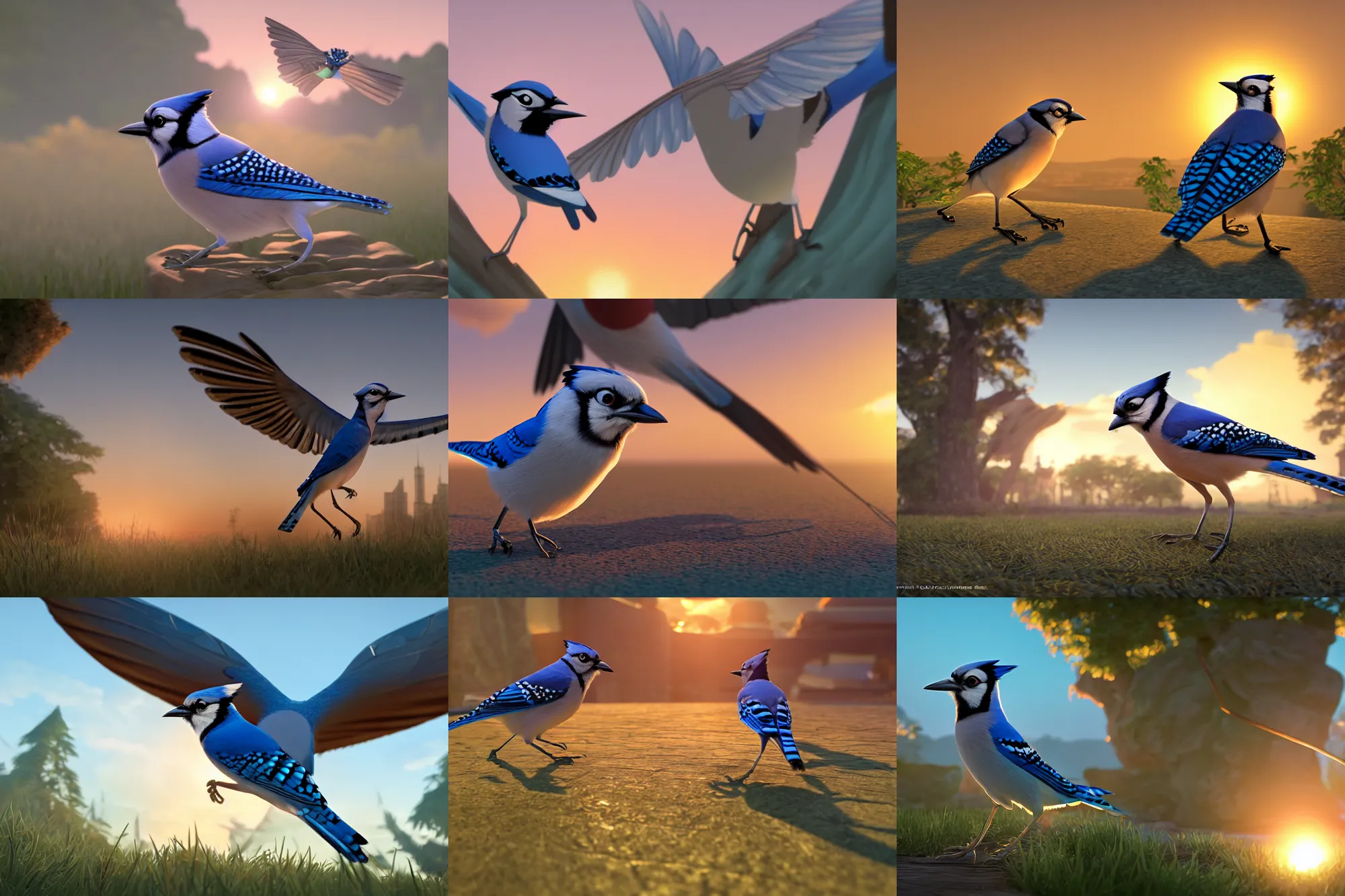 Prompt: a key shot of a Bluejay animation at sunset 6 legs, medium shot, waist up, studio Ghibli, Pixar and Disney animation, sharp, Rendered in Unreal Engine 5, key art by Greg Rutkowski, Bloom, dramatic lighting, backlit, J. C. Leyendecker, Bluejay with 6 legs