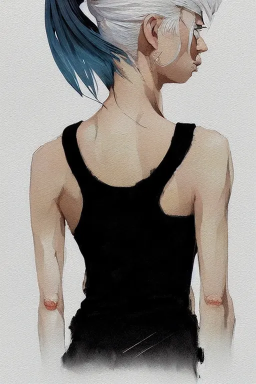 Prompt: a ultradetailed beautiful painting of a stylish woman in with white hair in a ponytail, she is wearing a black tank top, by conrad roset, greg rutkowski and makoto shinkai trending on artstation