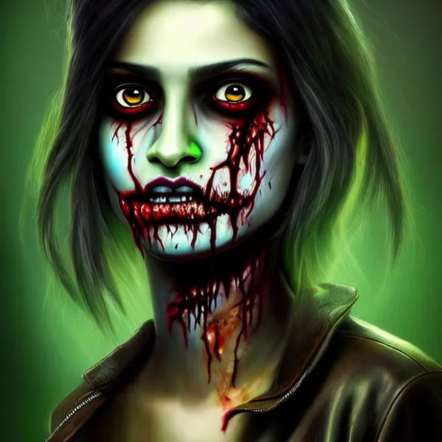 Prompt: epic professional digital airbrushed portrait art of an attractive East Indian emo female zombie wearing a slightly torn tee shirt under a leather jacket, with deep green eyes, scary portrait, walking dead, best on artstation, cgsociety, wlop, Behance, pixiv, cosmic, epic, stunning, gorgeous,, masterpiece
