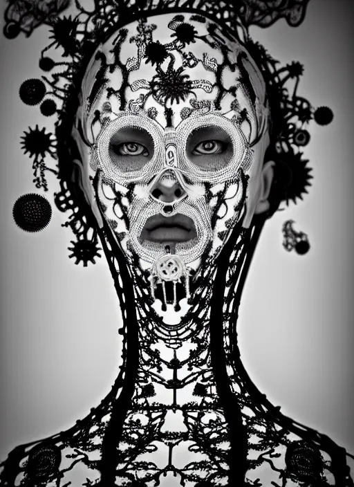 Image similar to surreal black and white photo portrait of complex bio-mechanical beautiful young female vegetal-cyborg with a Mandelbrot fractal steampunk metal fine lace face, a very long neck and a fine metal floral foliage super big lace collar by Alexander McQueen:: high fashion, haute couture, rococo, steampunk, silver filigree details, anatomical, facial muscles, cable wires, microchip, elegant, dreamy, foggy, hyper realistic, 150 mm lens, soft rim light, octane render, unreal engine, picture was taken in 1910 by Dora Maar, volumetric lighting, dramatic light,8k,