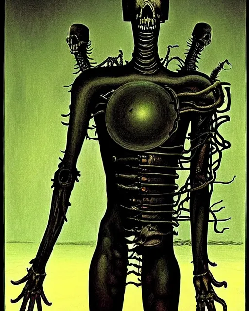 Prompt: full-body creepy realistic central composition, a decapitated soldier with futuristic elements. he welcomes you into the fog with no head, dark dimension portal, empty helmet inside is occult mystical symbolism headless full-length view. attendants watching, standing in ancient machine eldritch energies disturbing frightening eerie, uneasy atmosphere, artwork by Salvador Dali and Junji Ito
