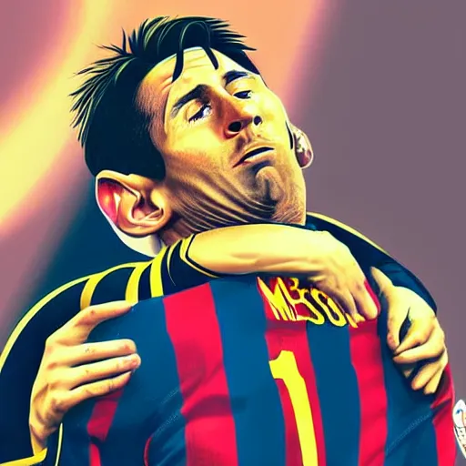 Prompt: lionel messi crying on cristiano ronaldo's shoulder, cristiano is very proud of himself, digital art, art station, high quality, very detailed, golden hour, 8k