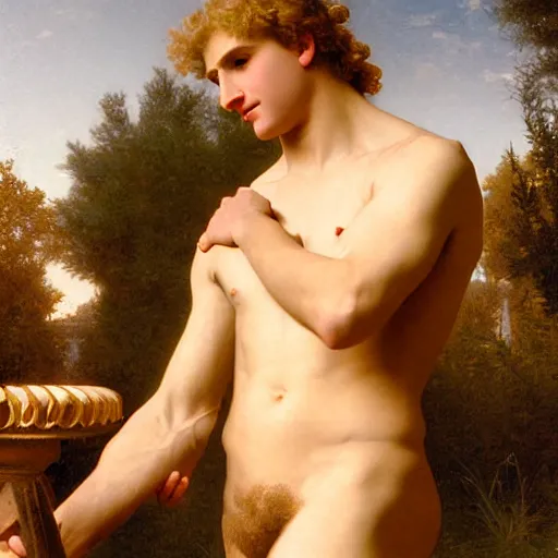 Image similar to Painting of a blond male Venus Apollo. Art by william adolphe bouguereau. During golden hour. Extremely detailed. Beautiful. 4K. Award winning.