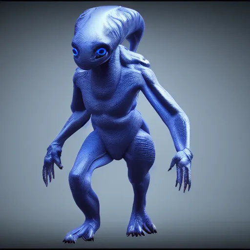 Image similar to indigo polypedal alien creature character concept detailed photo realistic 3d render 4k