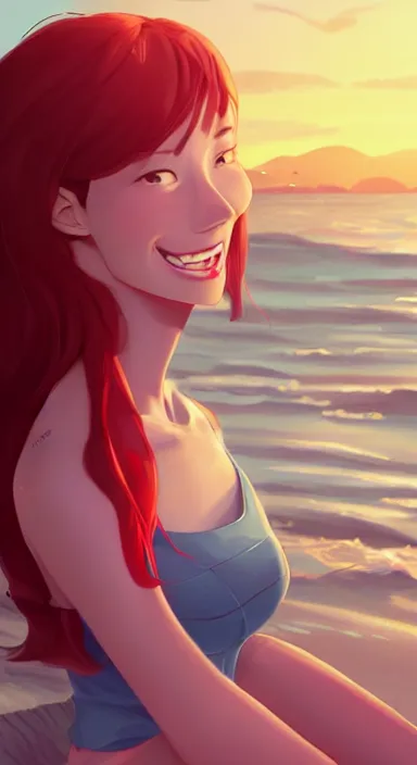 Image similar to lois van baarle, artgerm, helen huang, by makoto shinkai and ilya kuvshino, rossdraws, illustration, art by ilya kuyshuno. cute scarlet red haired cyborg woman, steel gray body, denim shorts, at beach at sunset, beautiful face, smile, elegant, exaggerated proportions, looking at me