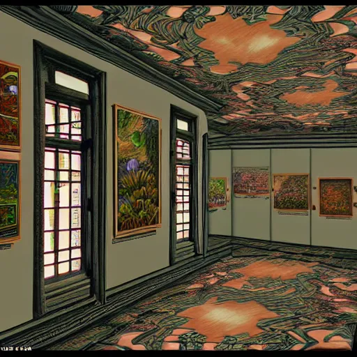 Image similar to the last virtual art museum in a 9 0's video game, made in 1 9 9 0, hyper detailed realistic hd screenshot, in the style of mc escher, in the style of a liminal space