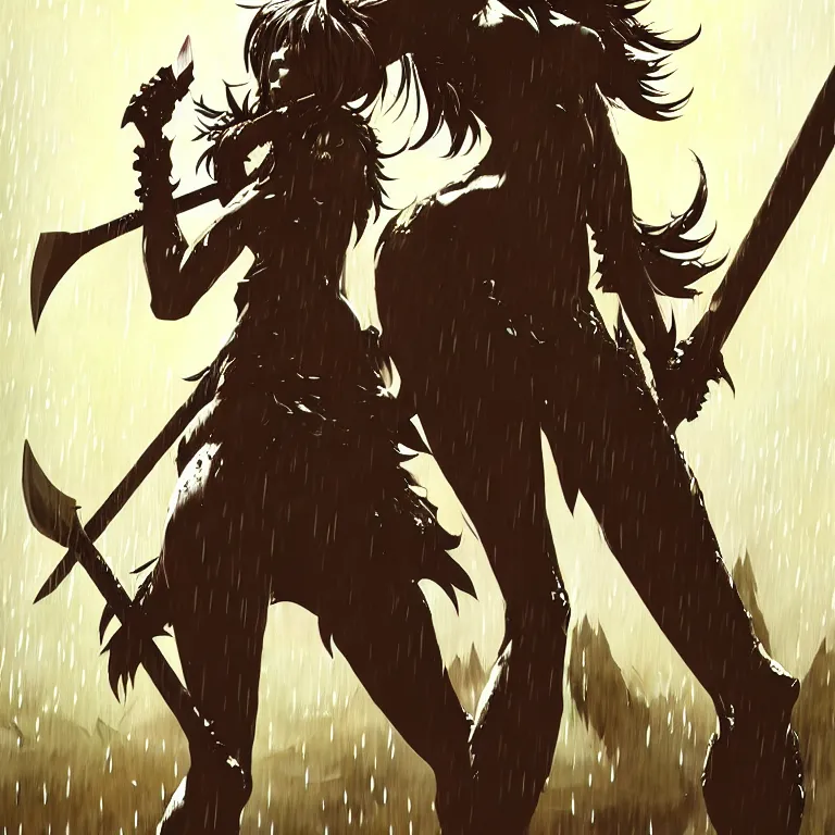 Image similar to an anthropomorphic maned wolf furry anthro girl standing in the muddy rain, laughing with a spear in her hands. league of legends splash art by yoji shinkawa and wayne reynolds