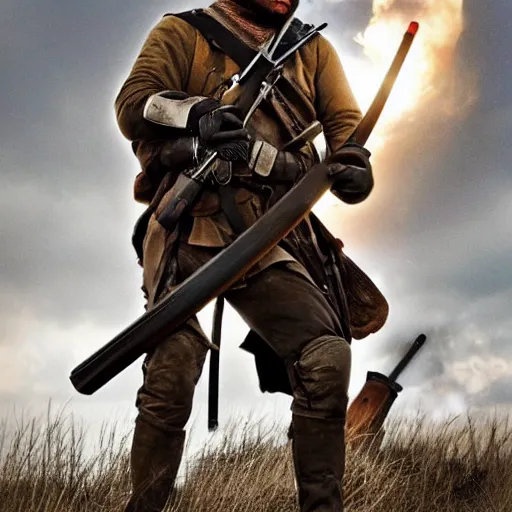 Prompt: Photo of a man wearing a combat helmet on his head holding a musket, postapocalyptic