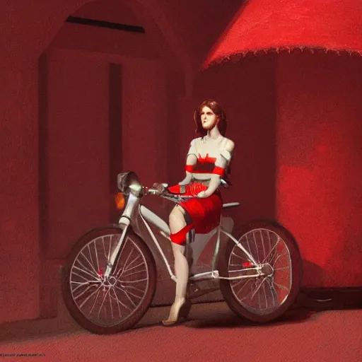 Prompt: a girl wearing a red fabric sitting on a bike, intricate, elegant, glowing lights, highly detailed, digital painting, artstation, concept art, sharp focus, illustration, art by wlop, mars ravelo and greg rutkowski