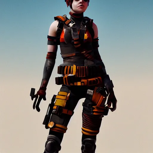 Image similar to Emma Stone as Furiosa by Ilya Kushvikov, symmetrical face concept art, octane render unreal engine meta humans, trending on artstation, desert, main colors orange, yellow, red and white