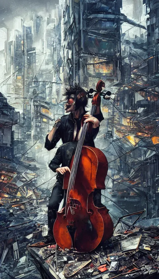 Prompt: a cellist playing in the rubble of a fallen cyberpunk city looming above him, beautifully lit, concept art, sharp focus, a digital illustration by sam spratt and salvidor dali