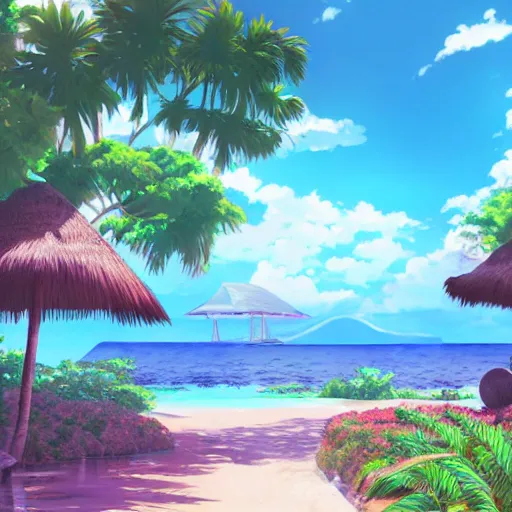 Prompt: a beautiful graphic contour outline render of a dreamy tropical anime island paradise by makoto shinkai, pink accents, soft details, graphic art