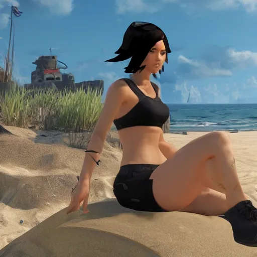 Image similar to fit 2 0 year old women with short black spiky hair wearing a short crop top and tiny shorts sitting ontop of a ww 2 tank on a sandy beach with a destroyed city behind her, unreal 5 engine, 4 k, ultra hd, vivid