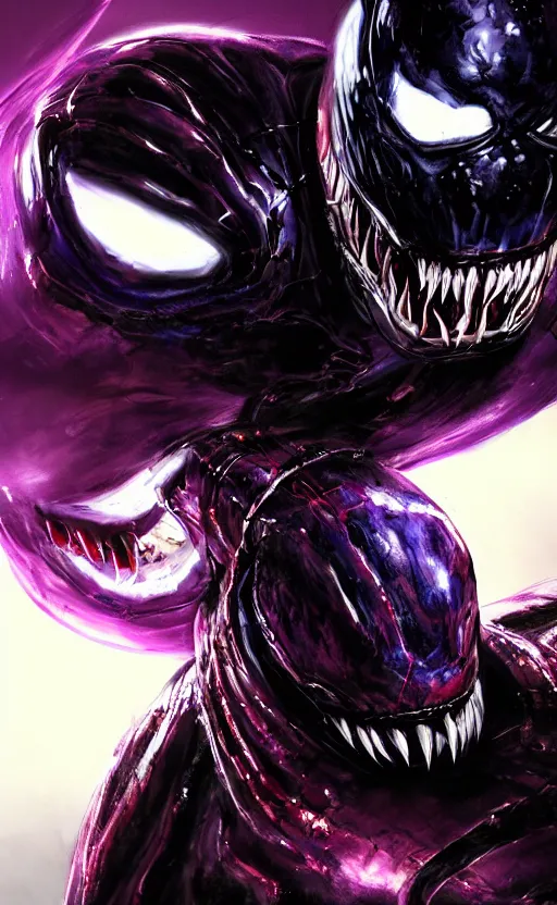 Image similar to venom in a venom inspired ironman suit, purple, black and red, dynamic lighting, photorealistic fantasy concept art, trending on art station, stunning visuals, terrifying, creative, cinematic