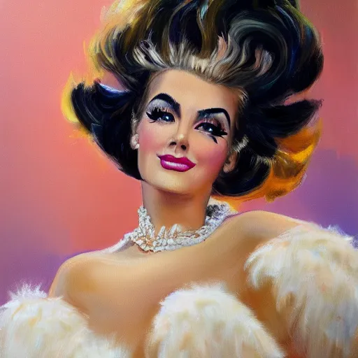 Prompt: texas showgirl, big hair, feathers, 1 9 6 0 s, oil painting, pale colors, high detail, 8 k, wide angle, trending on artstation