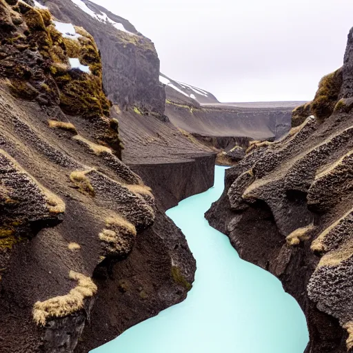 Image similar to a canyon in iceland with a frozen river at the bottom.