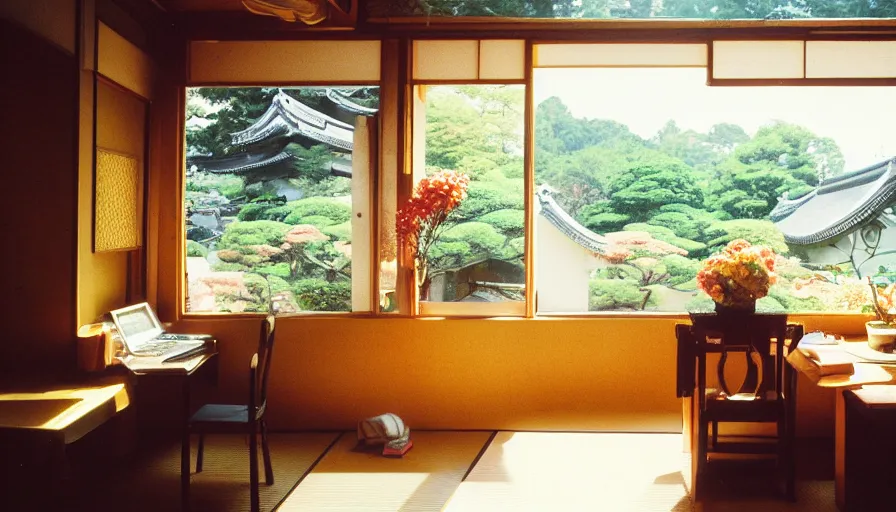 Prompt: 1 9 9 0 s candid 3 5 mm photo of a beautiful day in the a dreamy japanese flowery cottage, cinematic lighting, cinematic look, golden hour, a desk for flower arrangements has sun shinning on it through a window, temple in the distance, uhd