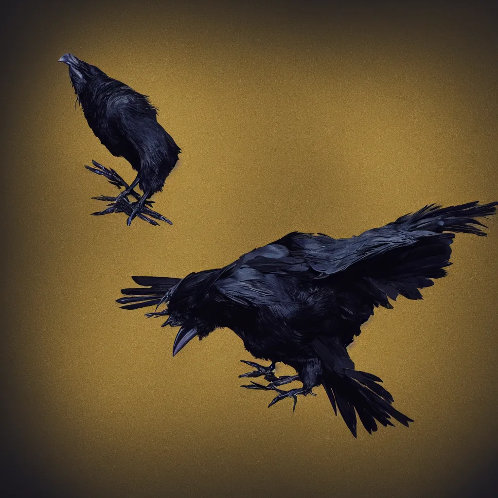 Image similar to Raven with feathers made of gold leaf, white background, octane render, dramatic action shot