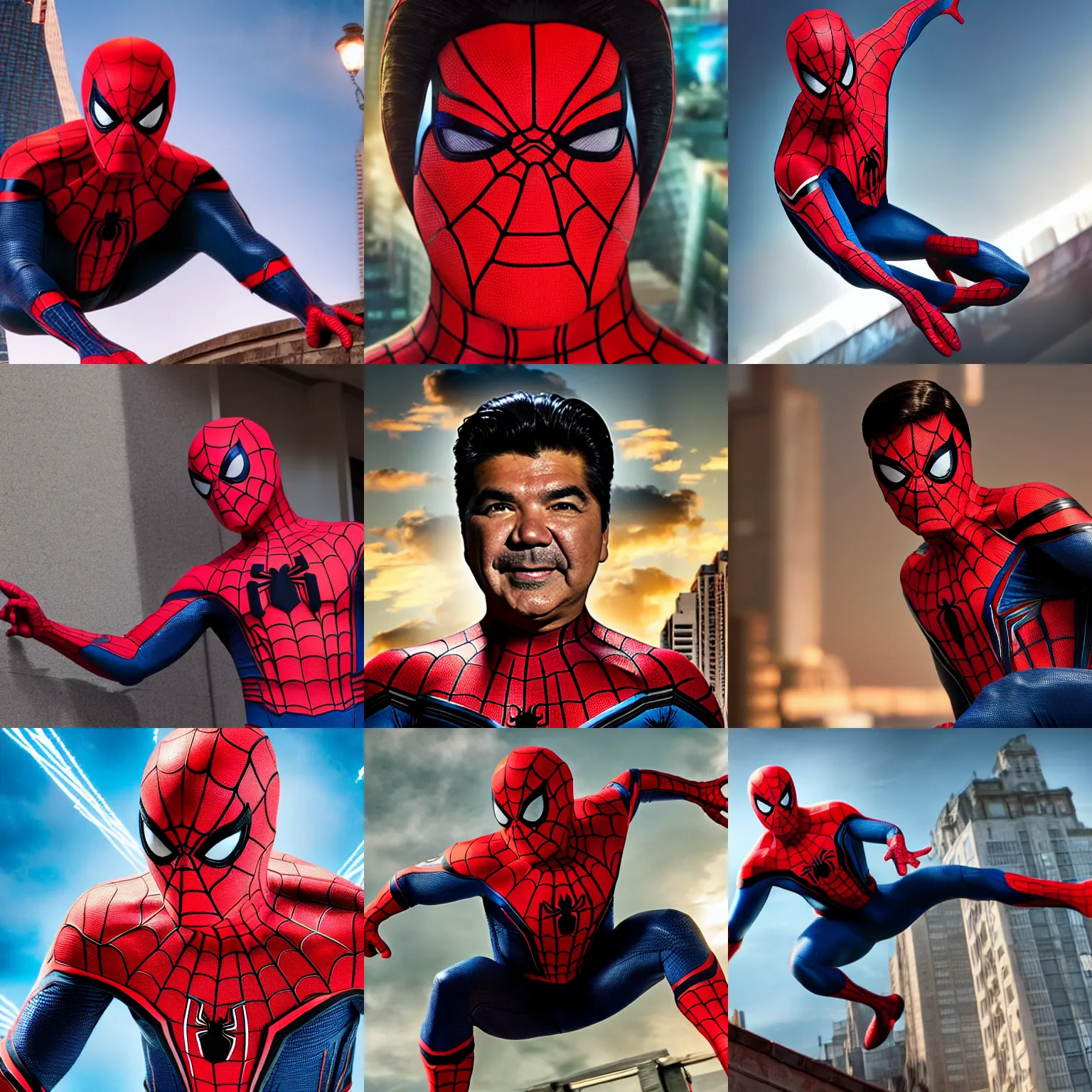 Prompt: George Lopez as Spider-Man, detailed, portrait photograph, 8k hdr movie still, dynamic lighting