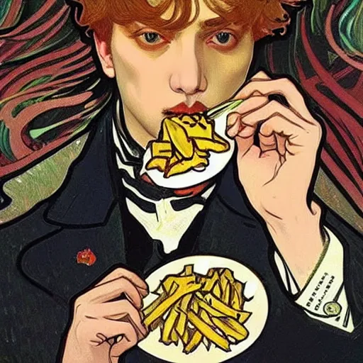 Prompt: taehyung eating gucci fries, 6 0 0 0 dollar fries fried by gucci by alphonse mucha and van gogh
