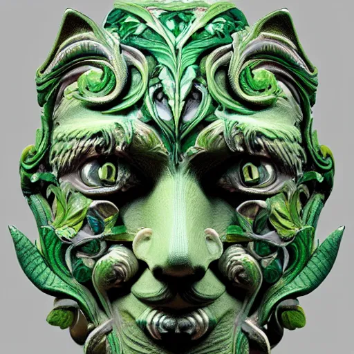 Image similar to beautiful colourful highly detailed incredibly ornate decorative green man as a cat face 3 d sculplture by walter crane and william morris, closeup, twisting leaves, tiny fine flowing lines, abstract psychedelic, 8 k, artstation