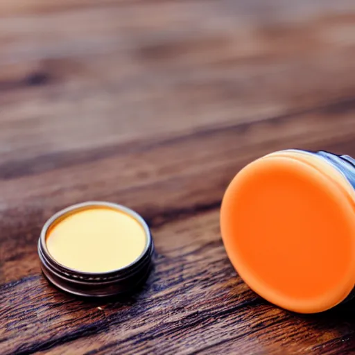 Prompt: orange colored lipbalm in giant piles on table, shaded, backlit