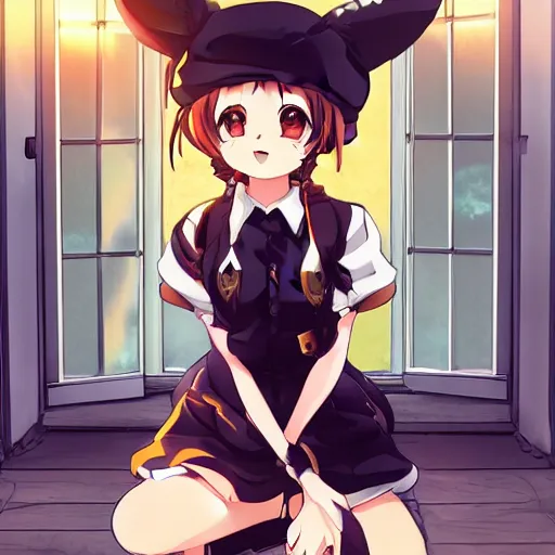 Prompt: Anime key visual of an anime girl sitting on the porch of a baroque-era mansion wearing a black army uniform and a black beret, with an embarassed look on her face. Silky long hair with bangs. Large wolf ears, vibrant sunset. Official media