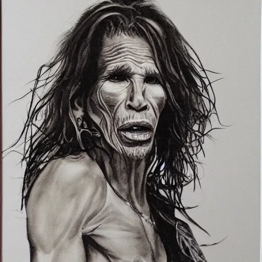 Prompt: ink wash portrait of emaciated octogenarian steven tyler