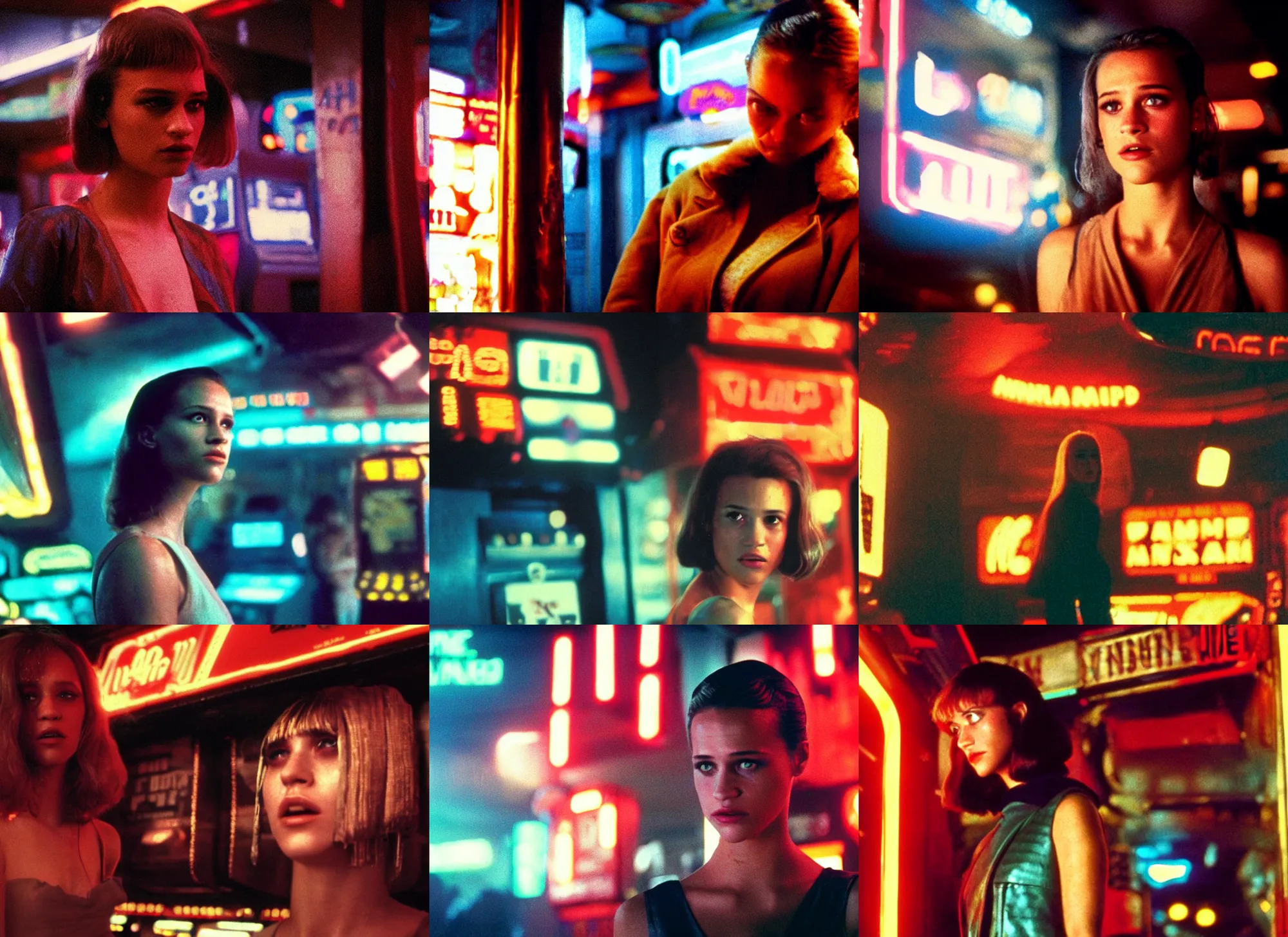 Prompt: A close-up, color outdoor film still of a Alicia Amanda Vikander in the amusement arcade, ambient lighting at night, from Blade Runner(1982).