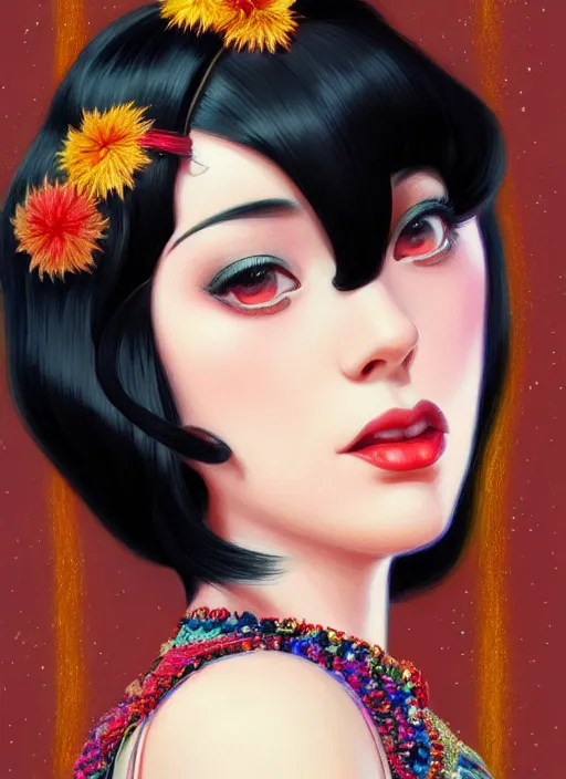 Image similar to a beautiful dancer with black hair in 1930's fashion, living room background, intricate, highly detailed, digital painting, artstation, official media, anime key visual, concept art, rich vivid colors, ambient lighting, sharp focus, illustration, art by Artgerm, Makoto Shinkai, Ilya Kuvshinov, Lois Van Baarle, and Rossdraws